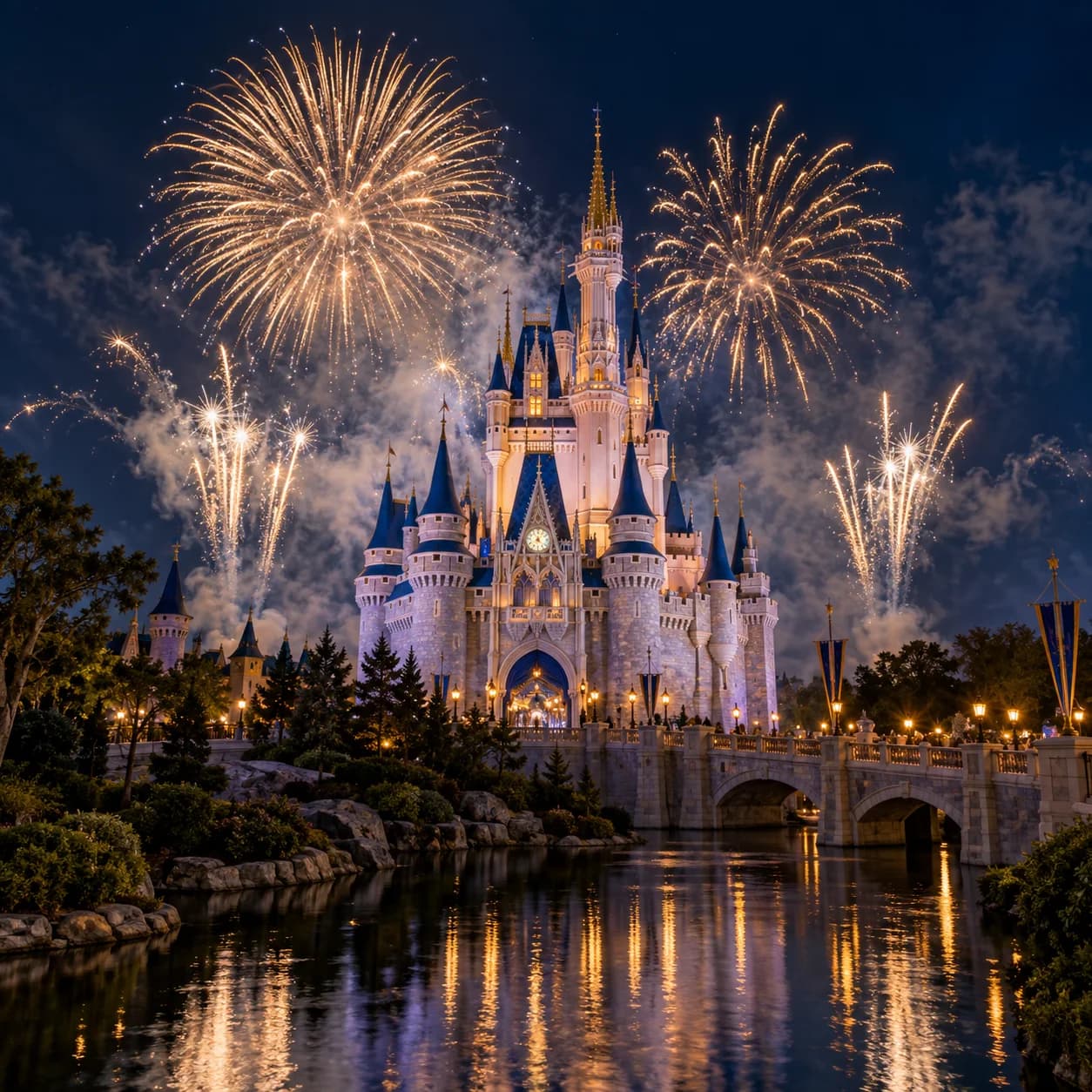 Generated illustration of fireworks over Cinderella Castle at Magic Kingdom at night