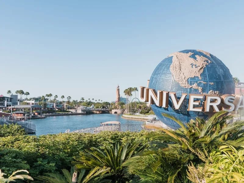 Universal Orlando globe and waterfront near the park entrance