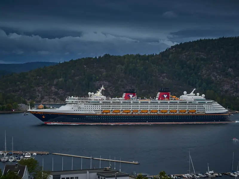 Disney-style black-hulled cruise ship with red funnels in a wooded harbor